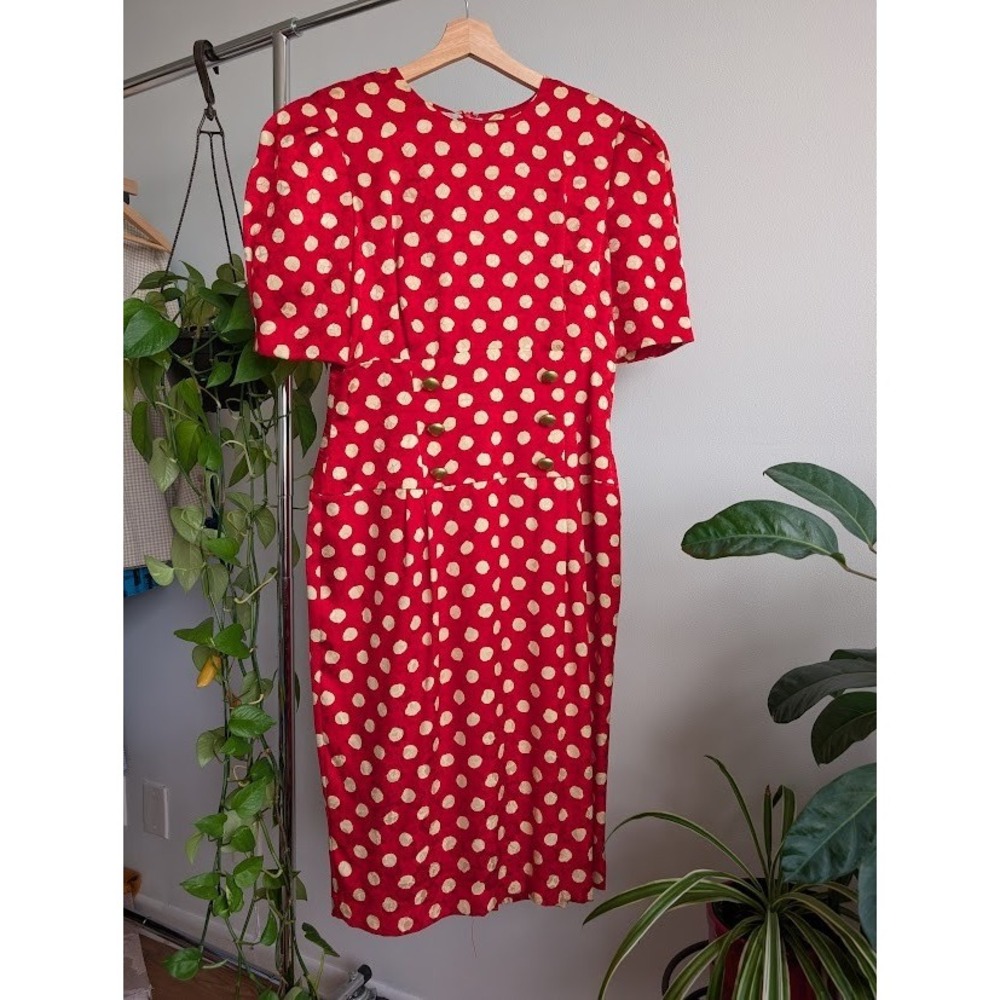 Vintage 80's midi dress 14 polka dot red 100% silk puff sleeve rockabilly minnie